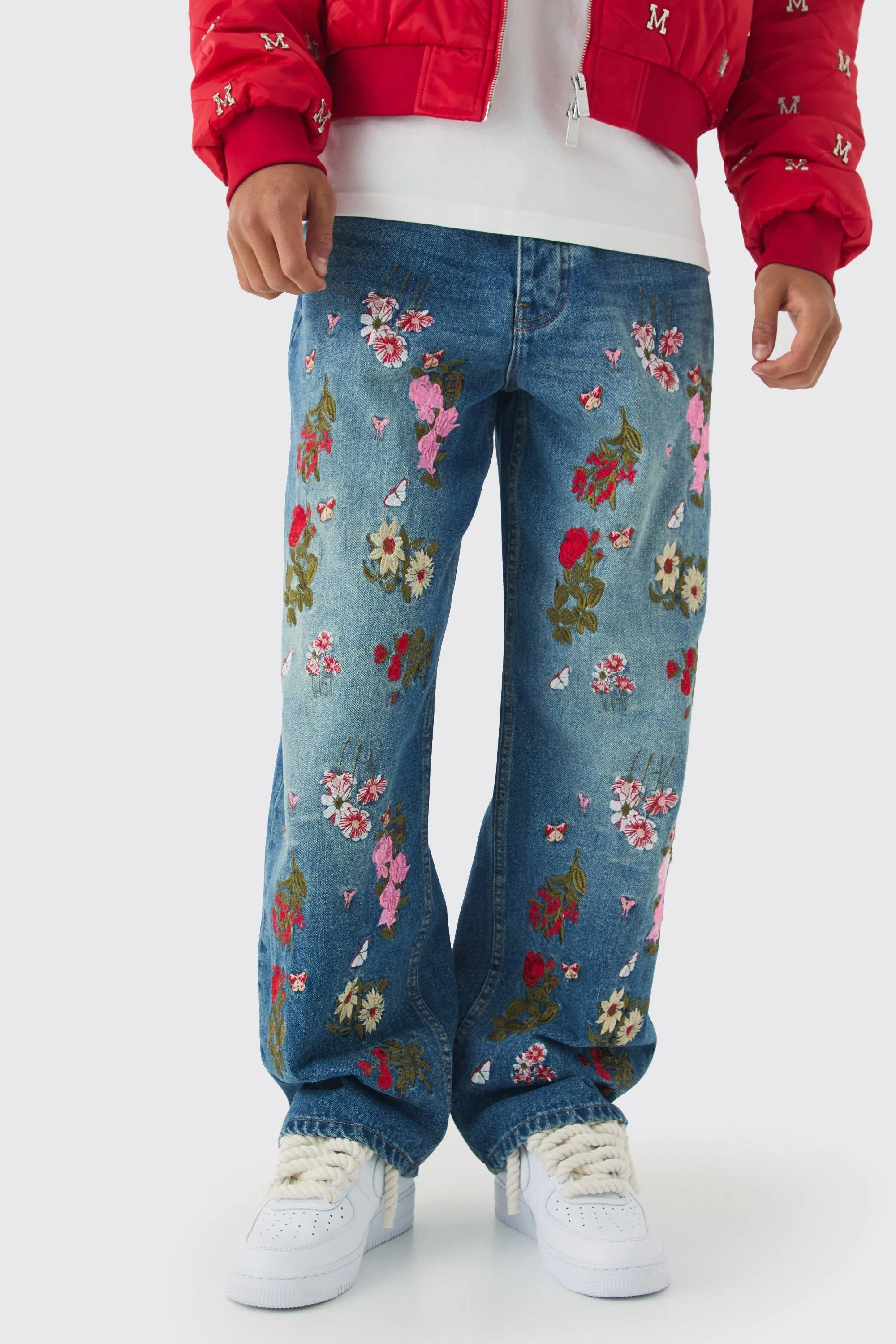 Baggy Fit Rigid Floral Embroidered Jeans