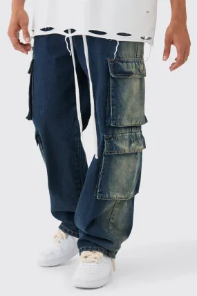 Baggy Rigid Elasticated Waist Acid Washed Cargo Jeans In Antique Blue