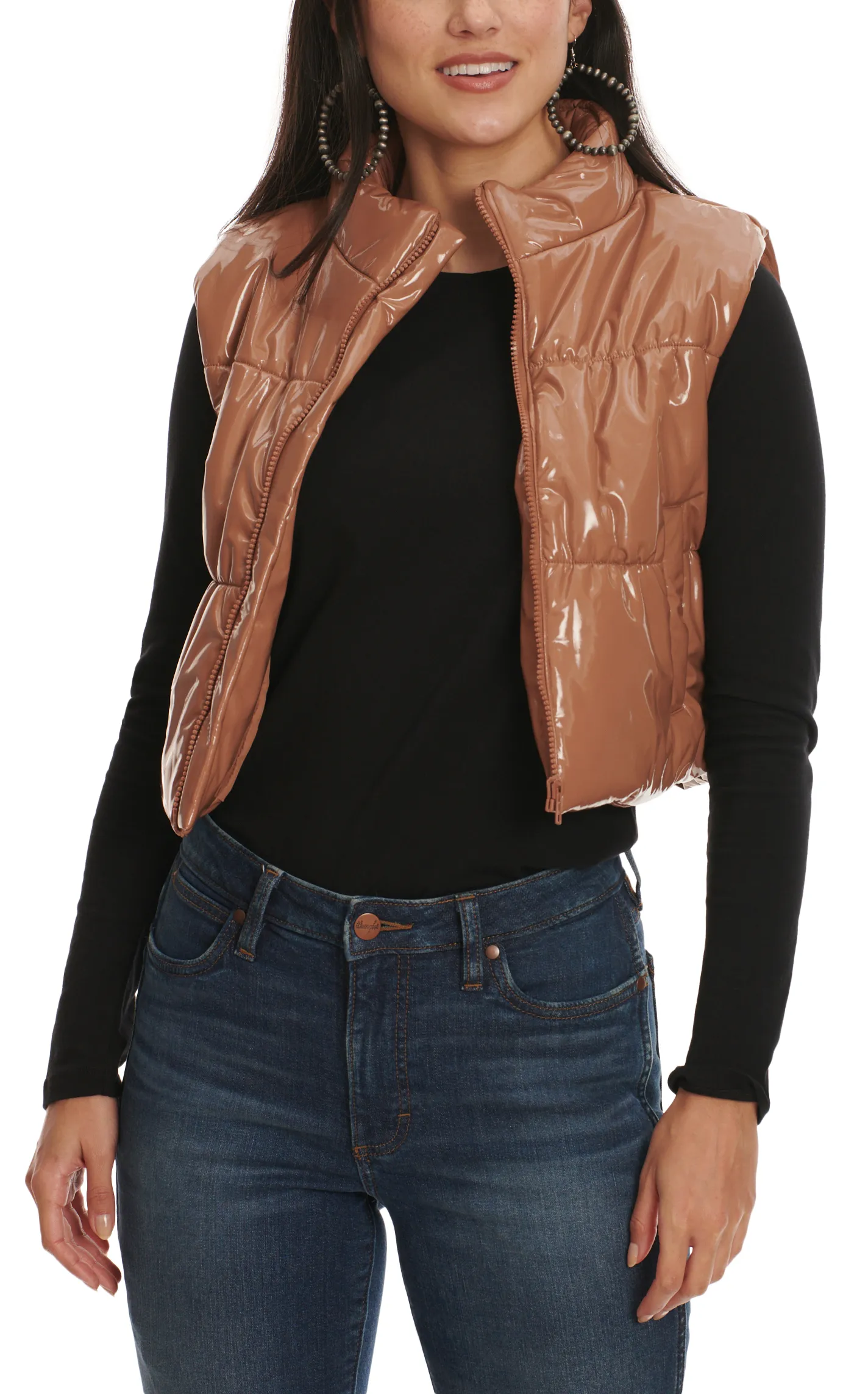 Blue B Women's Light Brown Sugar Glossy Quilted Puffy Cropped Full-Zip Vest