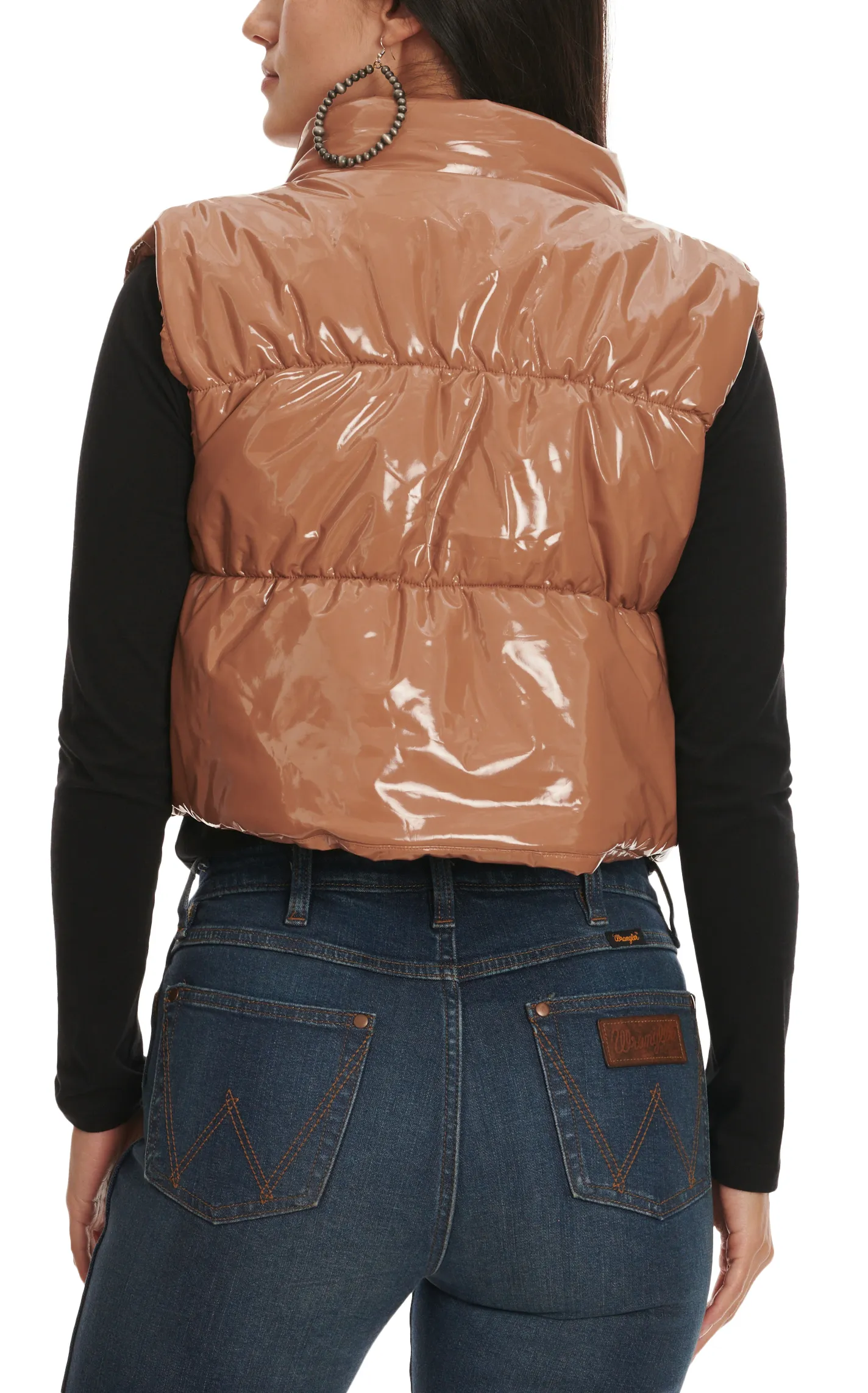 Blue B Women's Light Brown Sugar Glossy Quilted Puffy Cropped Full-Zip Vest