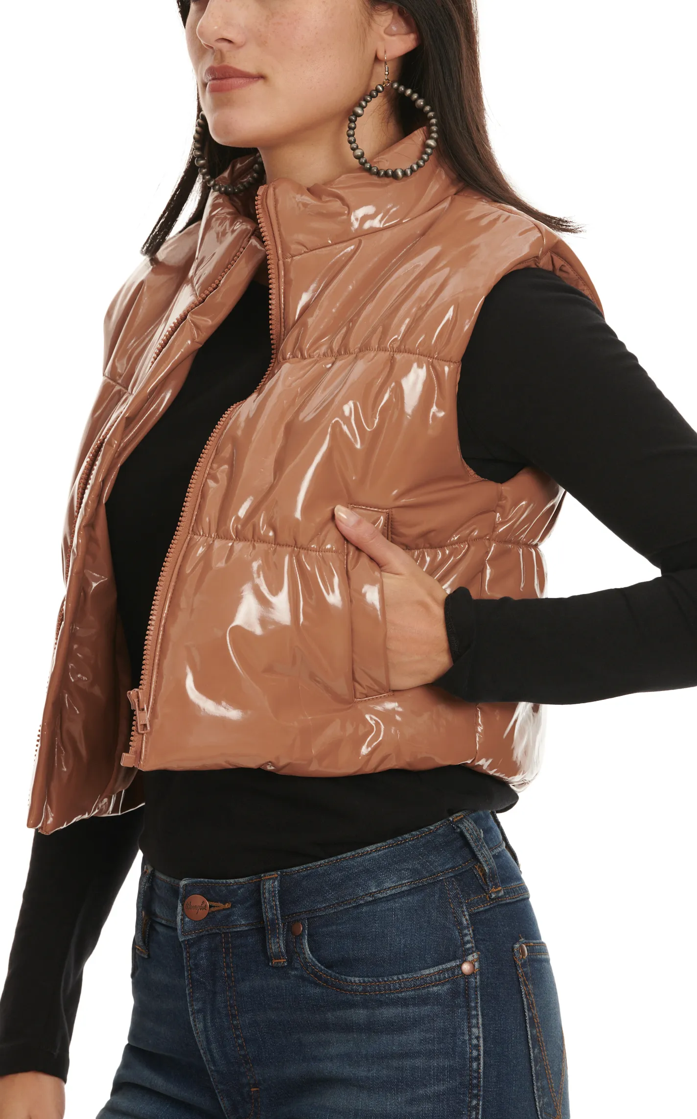 Blue B Women's Light Brown Sugar Glossy Quilted Puffy Cropped Full-Zip Vest