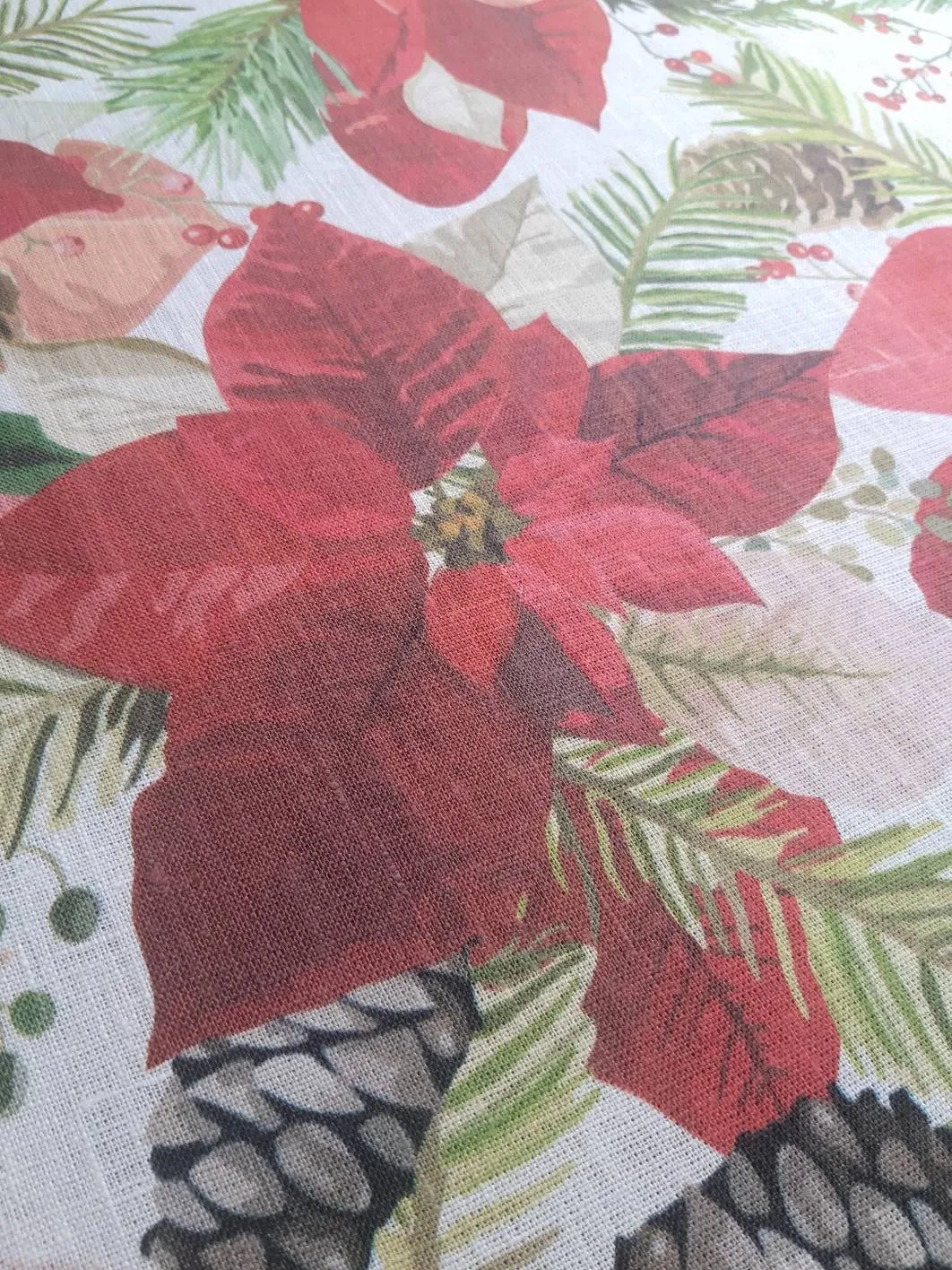 Christmas Linen By The Yard, Poinsettia Print Linen Fabric For Bedding, Curtains, Dresses, Clothing, Table Cloth & Pillow Covers