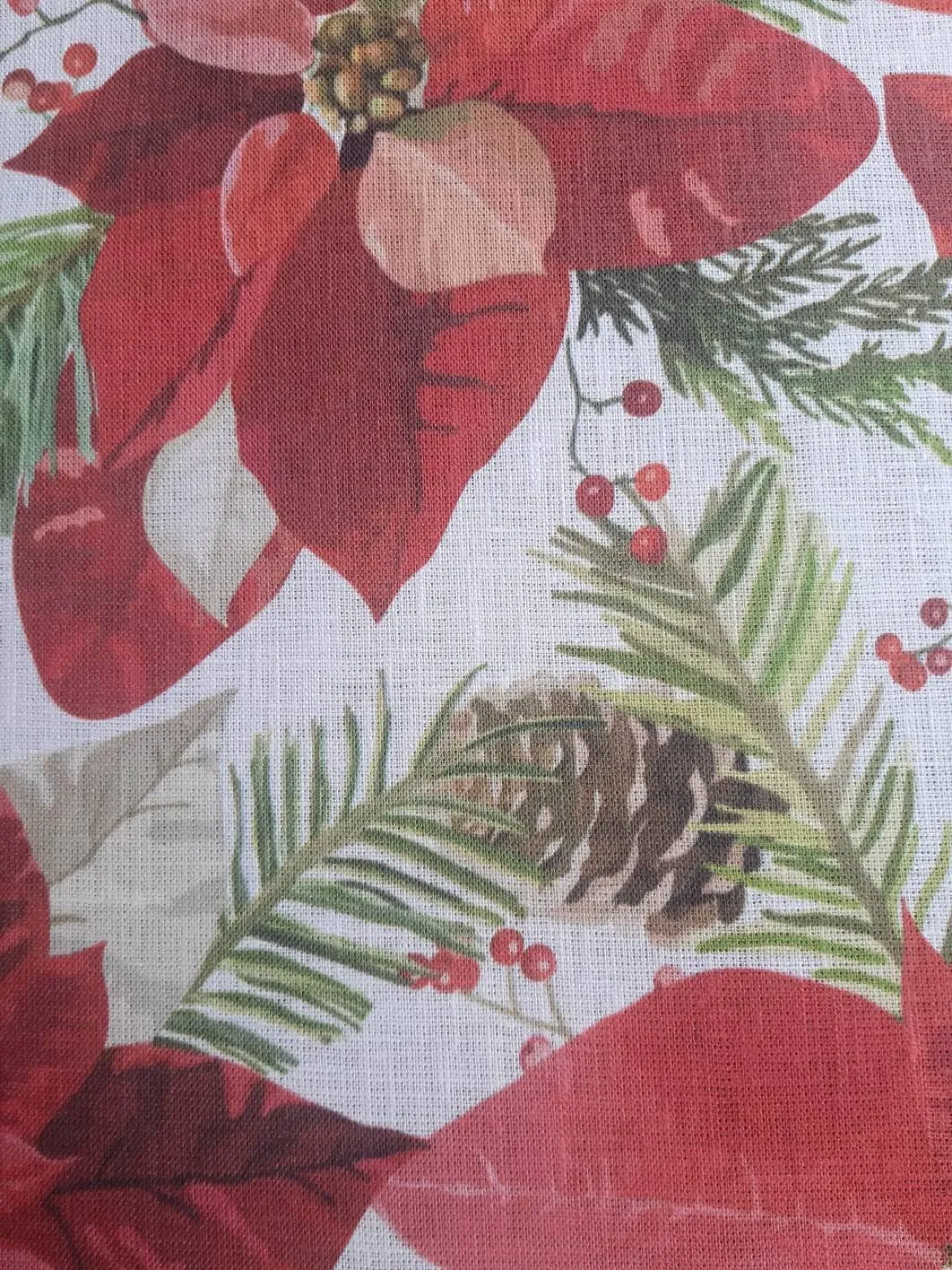 Christmas Linen By The Yard, Poinsettia Print Linen Fabric For Bedding, Curtains, Dresses, Clothing, Table Cloth & Pillow Covers