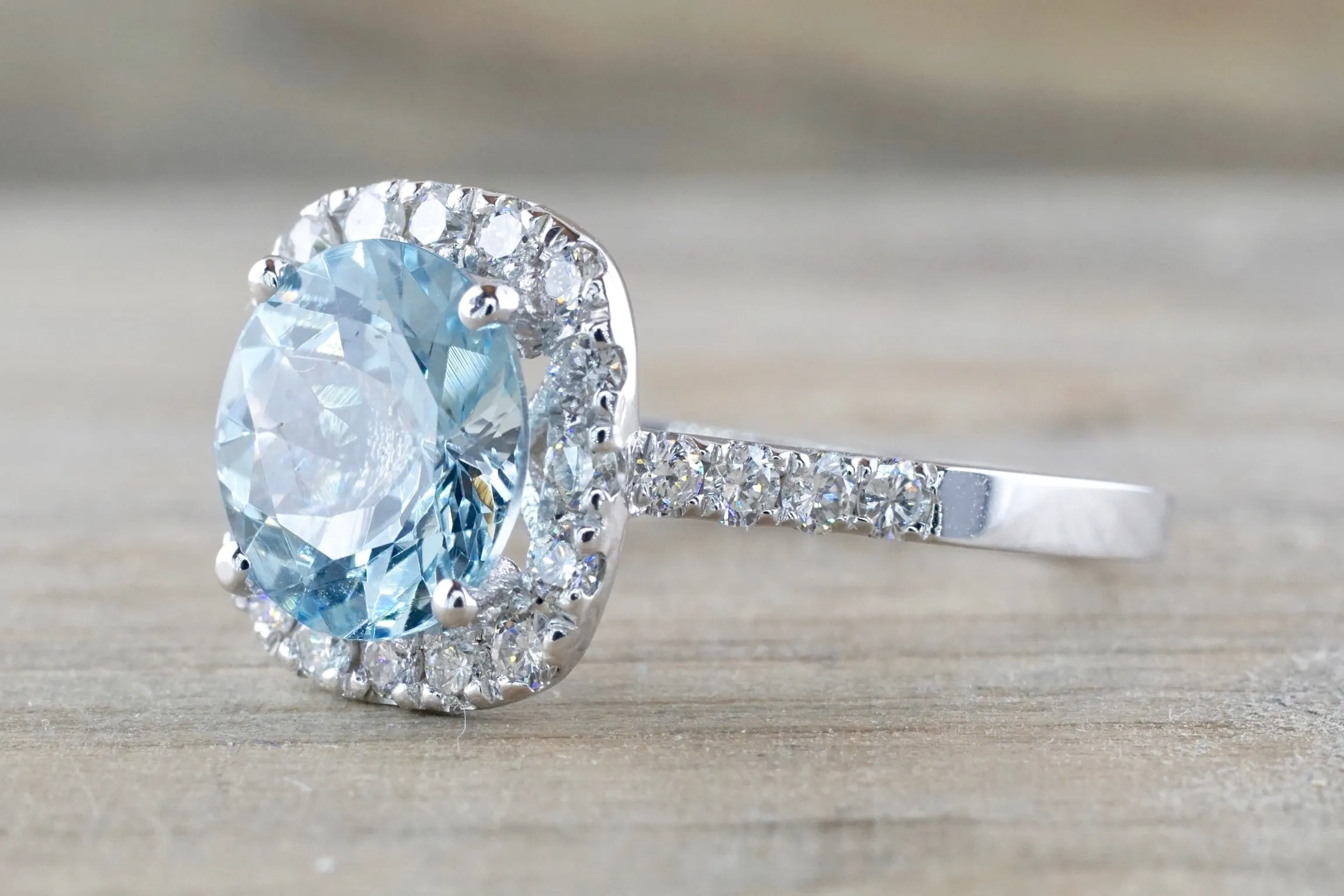 Cushion Diamond Halo Aquamarine Ring 9x9mm