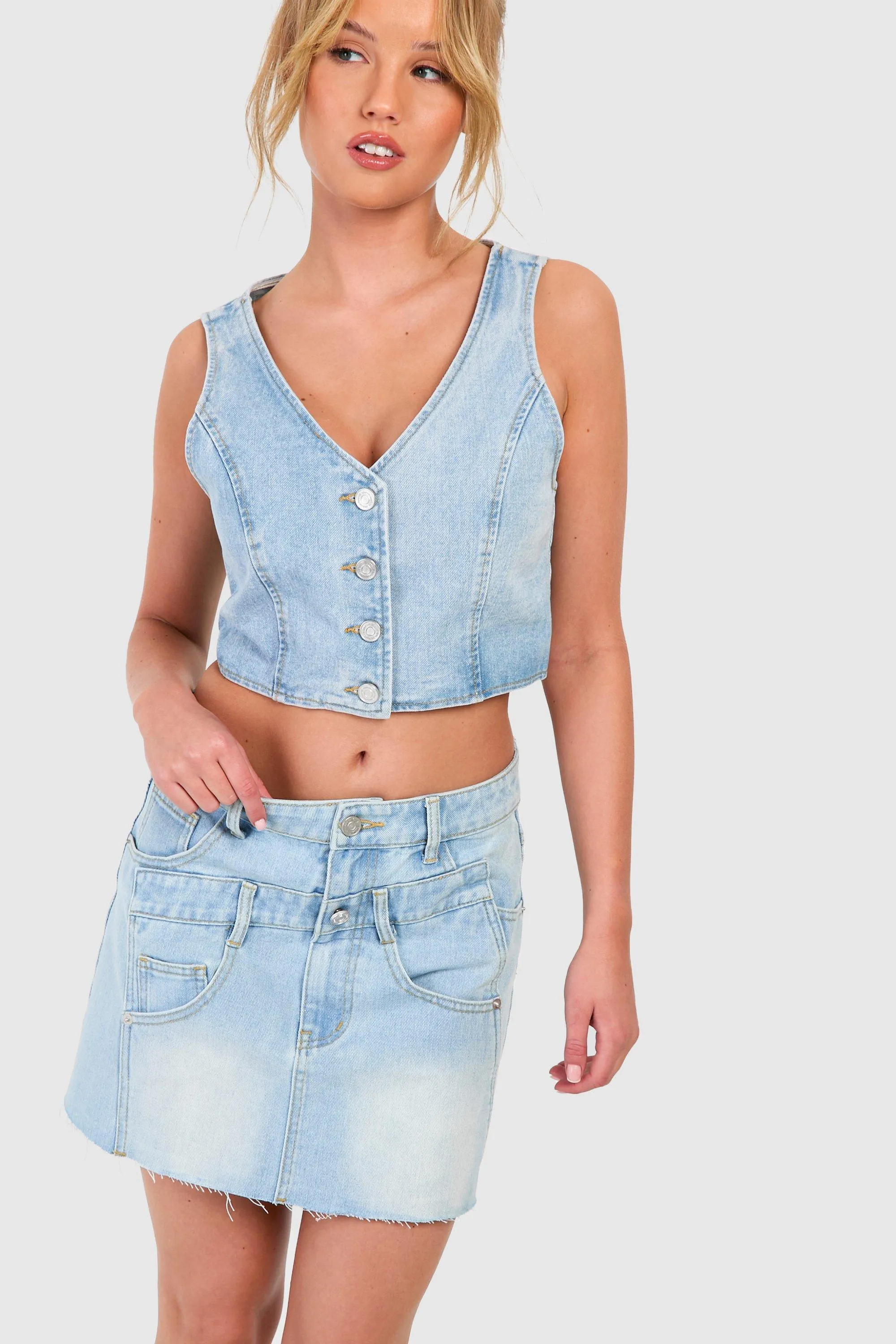 Fitted Crop Button Through Denim Vest