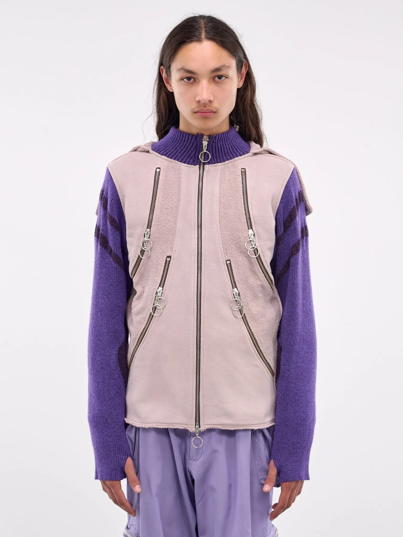 Hybrid Jersey & Mohair Zip Hoodie (HYBHOOD-GREY-BODY-PURPLE-KNIT)