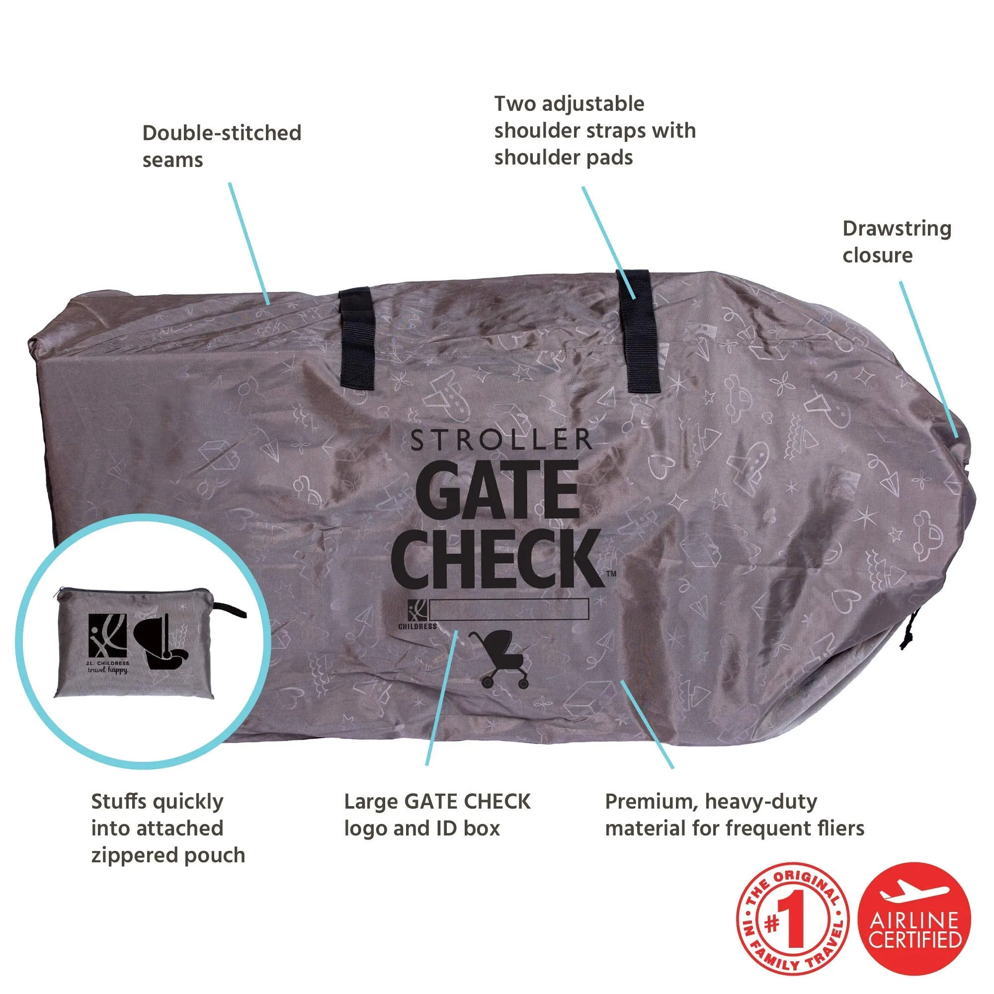 J.L Childress DELUXE Gate Check Bag for Single & Double Strollers - Premium Heavy-Duty Durable Air Travel Bag, Adjustable Should