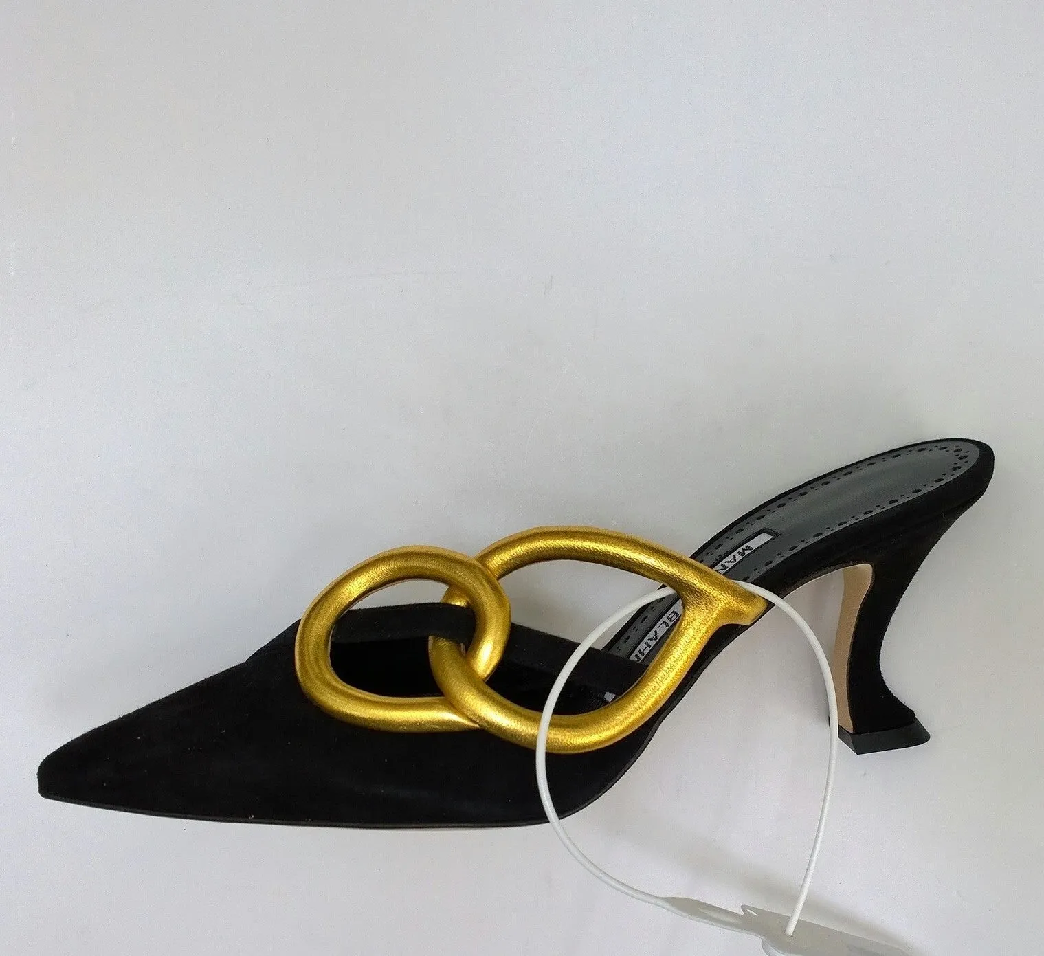 Manolo Blahnik Allora Black Suede and Gold Leather Mules Buckle Heels 70