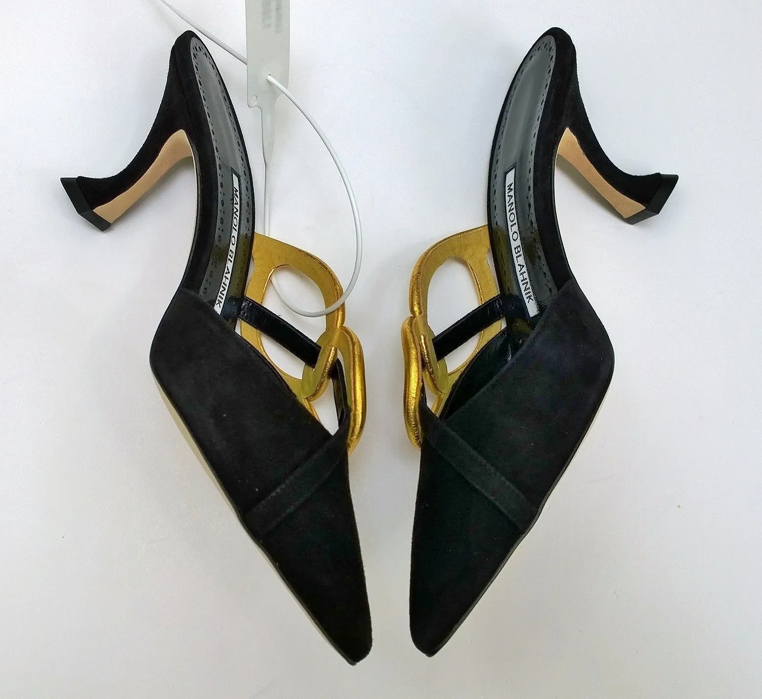 Manolo Blahnik Allora Black Suede and Gold Leather Mules Buckle Heels 70