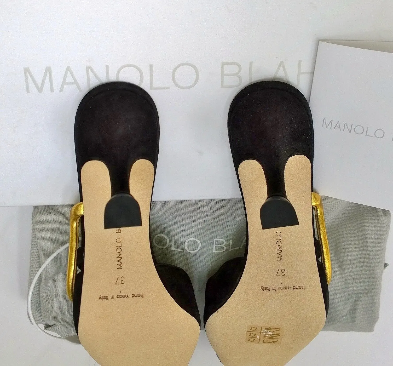 Manolo Blahnik Allora Black Suede and Gold Leather Mules Buckle Heels 70