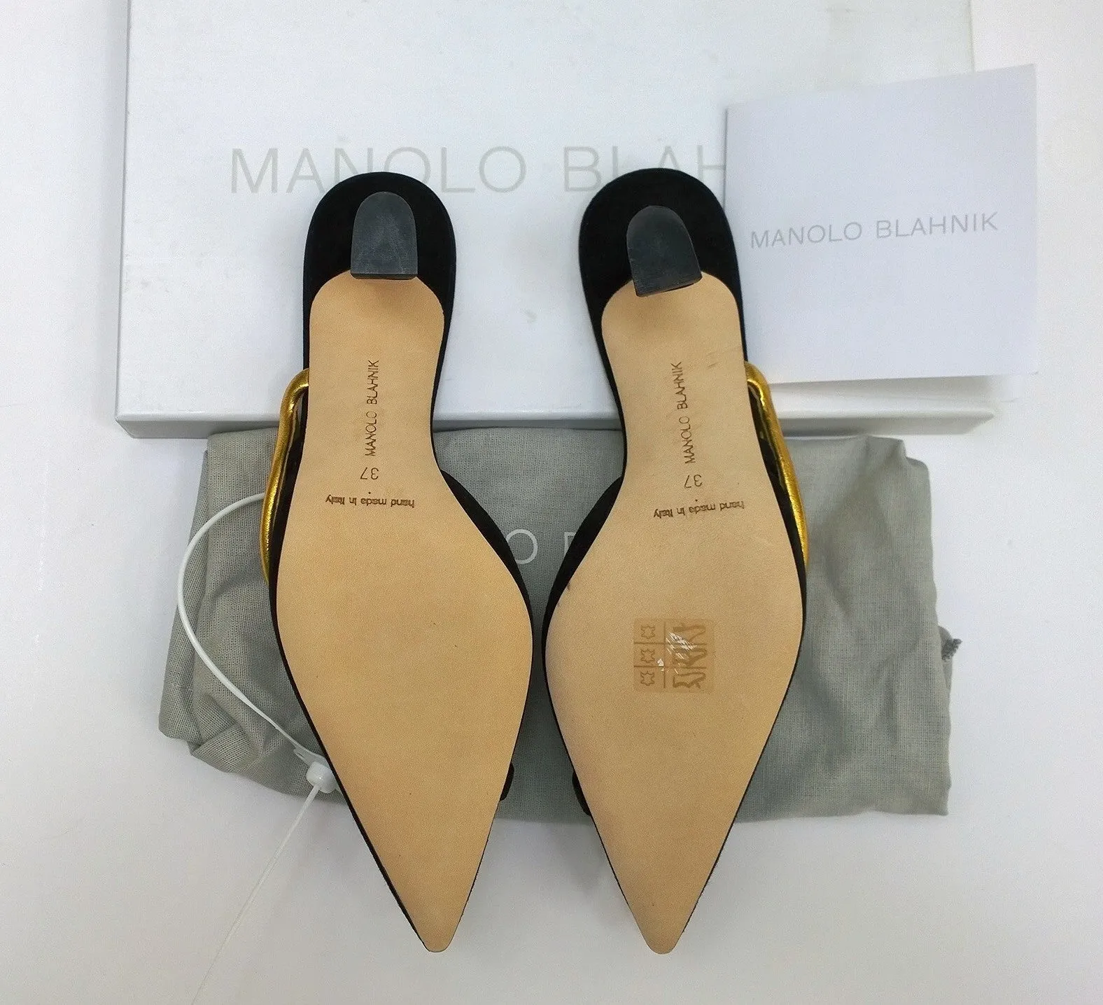 Manolo Blahnik Allora Black Suede and Gold Leather Mules Buckle Heels 70