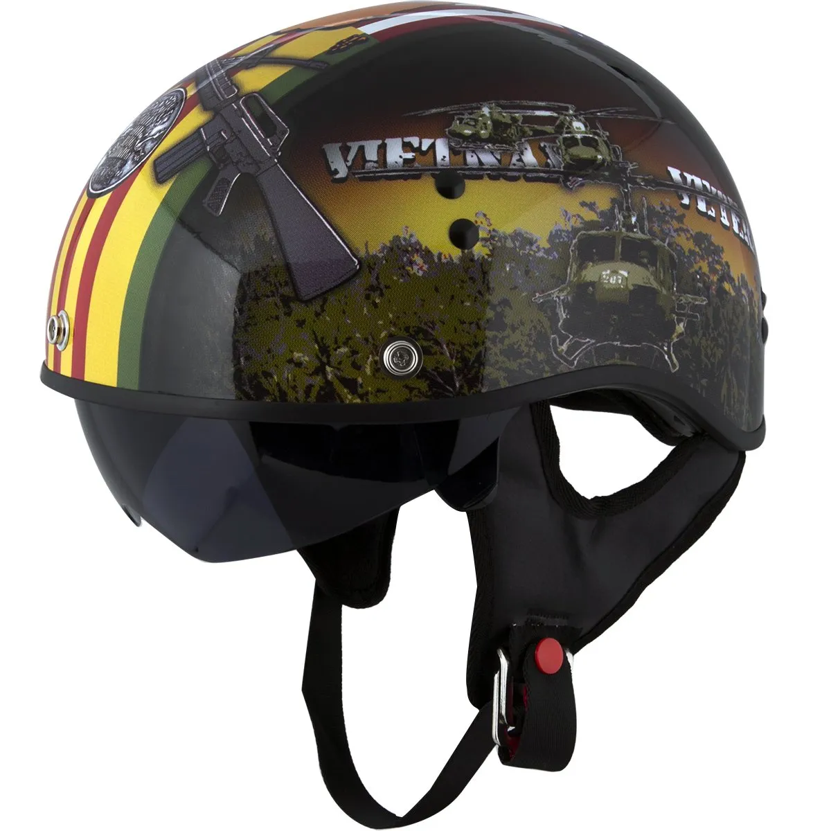 Outlaw Helmets T70 Glossy Black Vietnam Motorcycle Half Helmet for Men & Women With Sun Visor DOT Approved - Adult Unisex Skull 