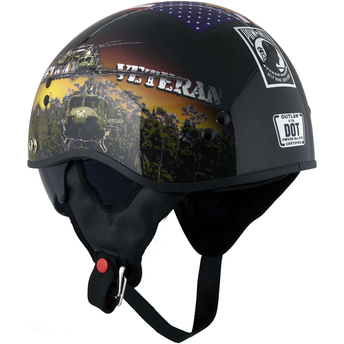 Outlaw Helmets T70 Glossy Black Vietnam Motorcycle Half Helmet for Men & Women With Sun Visor DOT Approved - Adult Unisex Skull 