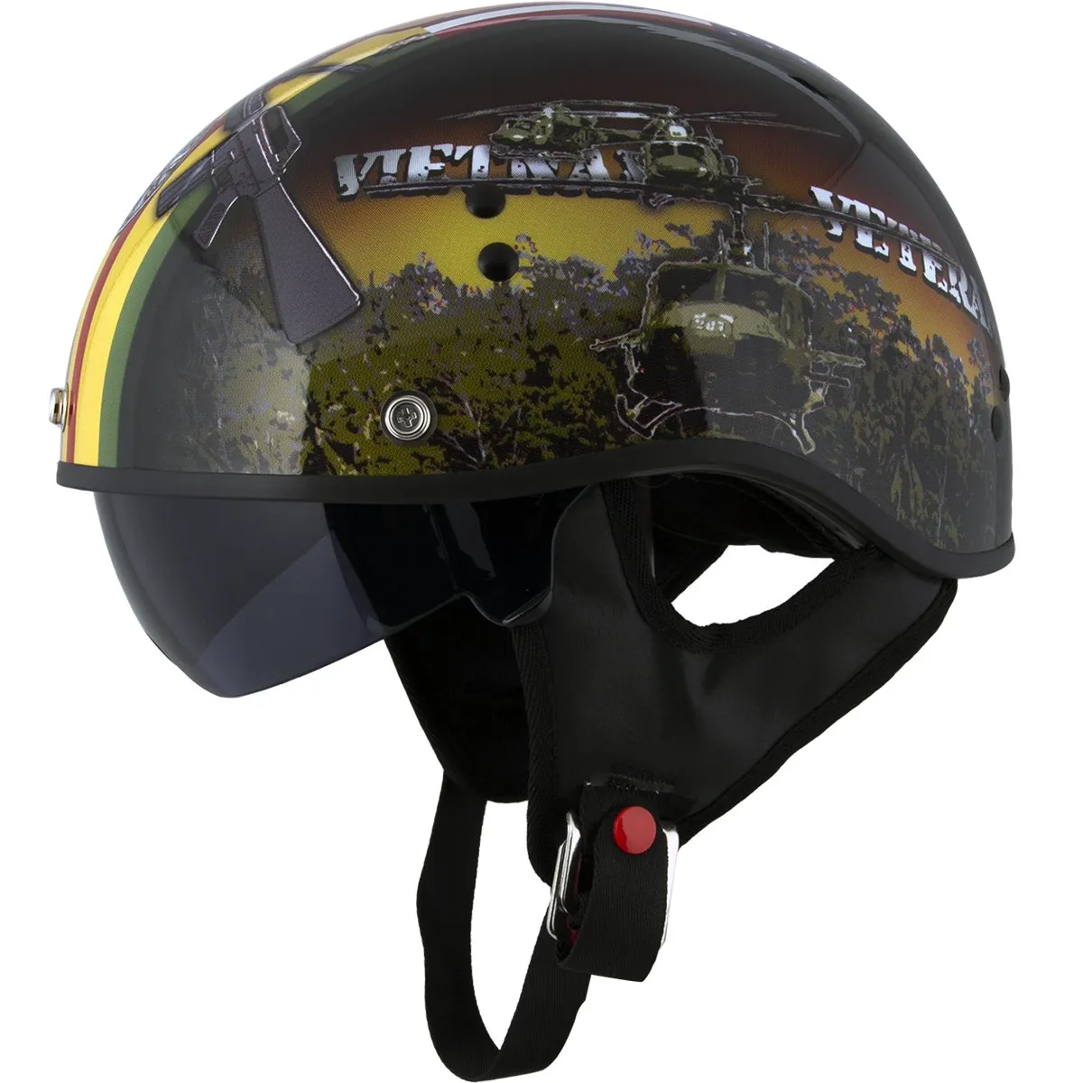 Outlaw Helmets T70 Glossy Black Vietnam Motorcycle Half Helmet for Men & Women With Sun Visor DOT Approved - Adult Unisex Skull 