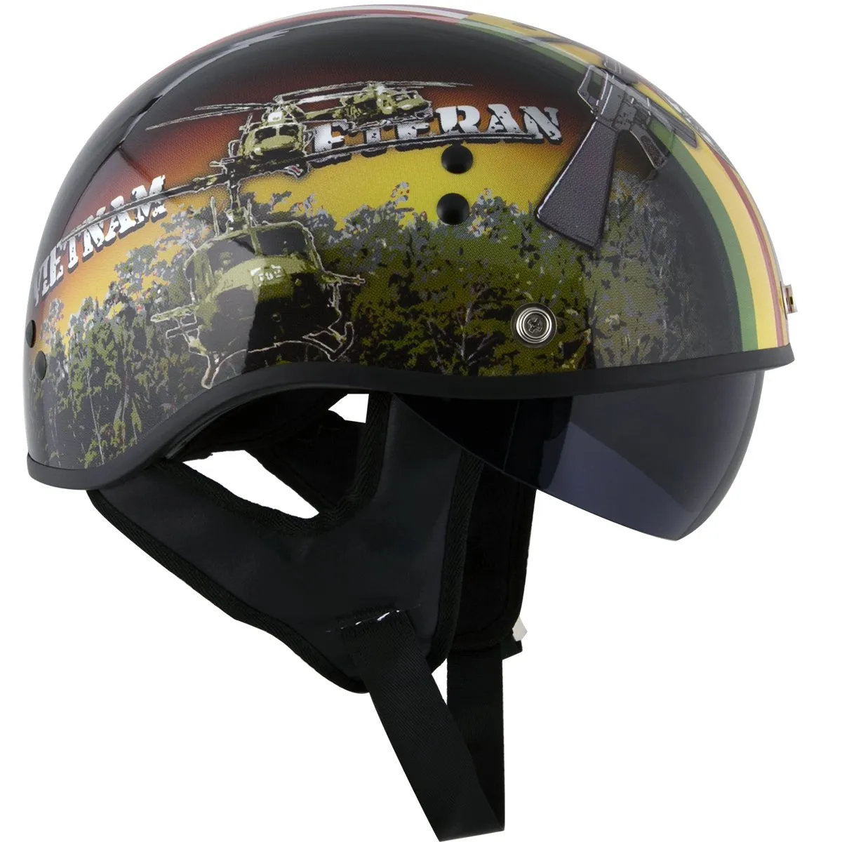 Outlaw Helmets T70 Glossy Black Vietnam Motorcycle Half Helmet for Men & Women With Sun Visor DOT Approved - Adult Unisex Skull 