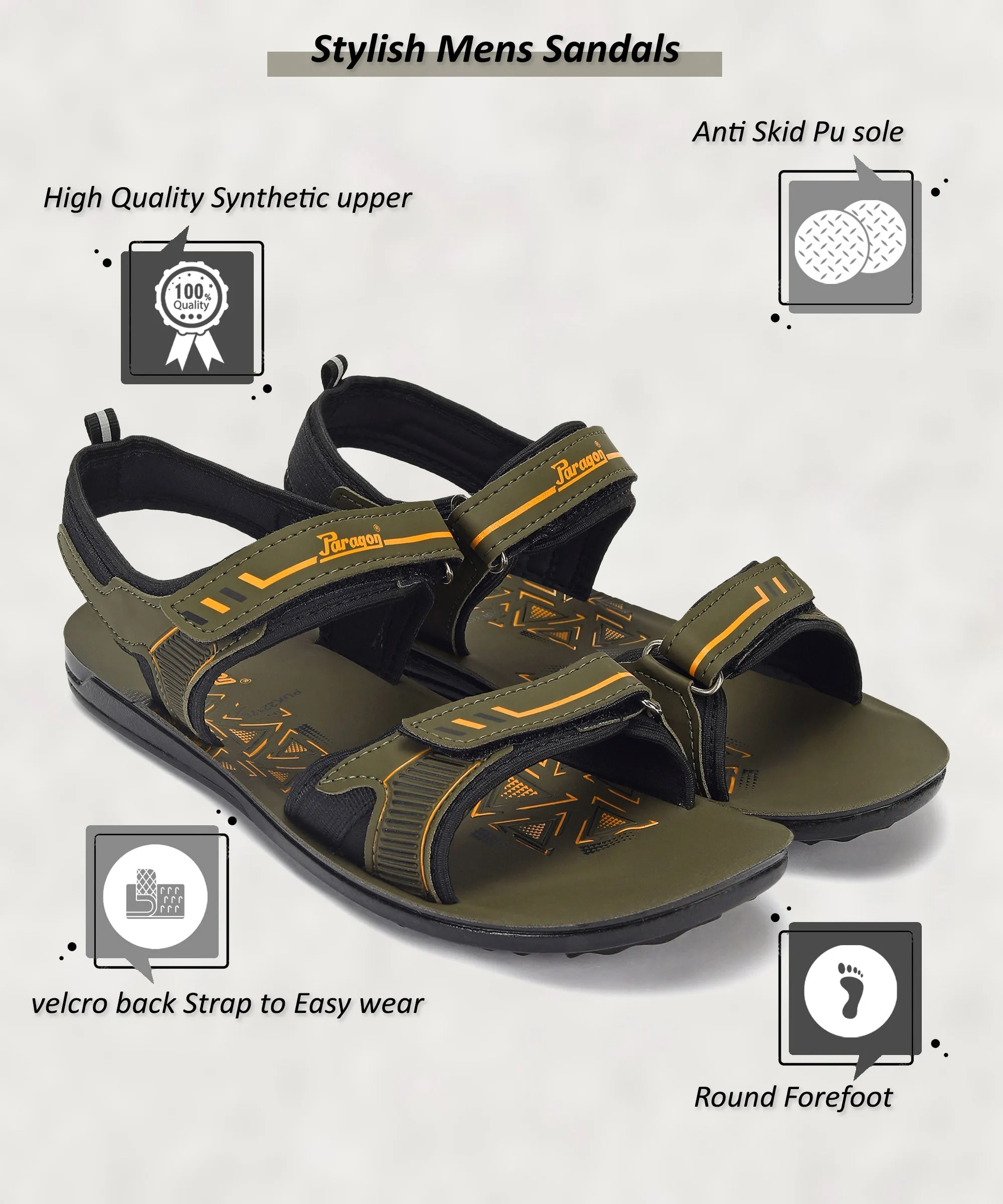 Paragon PUK2217G Men Stylish Velcro Sandals | Comfortable Sporty Sandals for Daily Outdoor Use | Casual Athletic Sandals with Cu