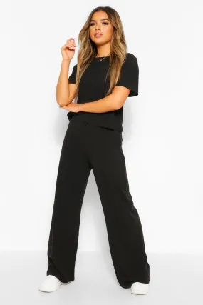 Petite Soft Rib T-Shirt & Wide Leg Pants Two-Piece