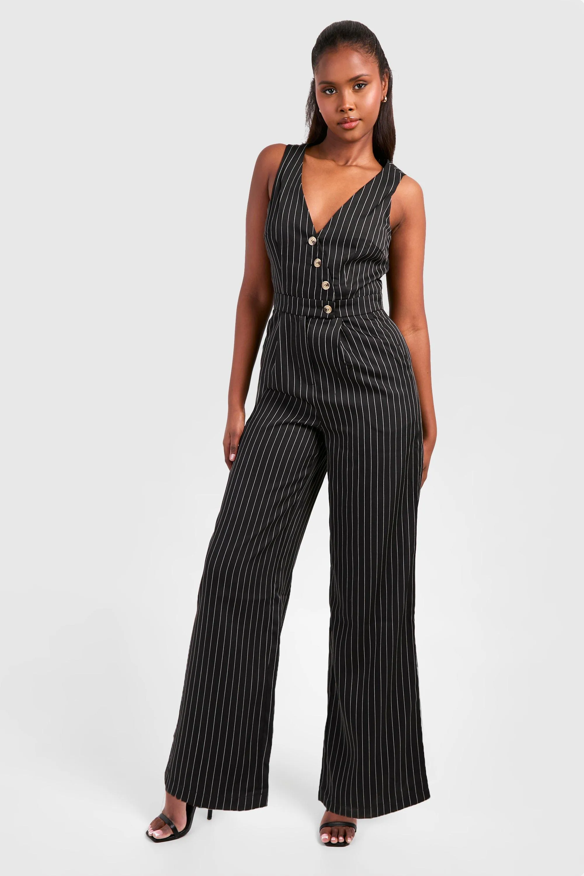 Pinstripe Vest Detail Wide Leg Jumpsuit