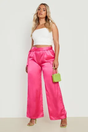 Plus Satin Paperbag Waist Wide Leg Pants