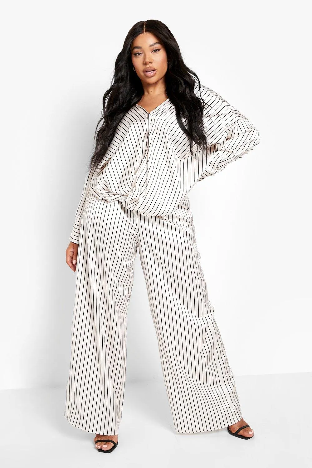 Plus Stripe Satin Wide Leg Pants