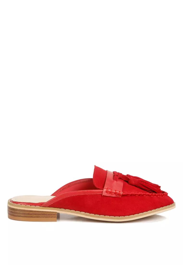 Rag & CO. Red Tassle Detail Leather Mules