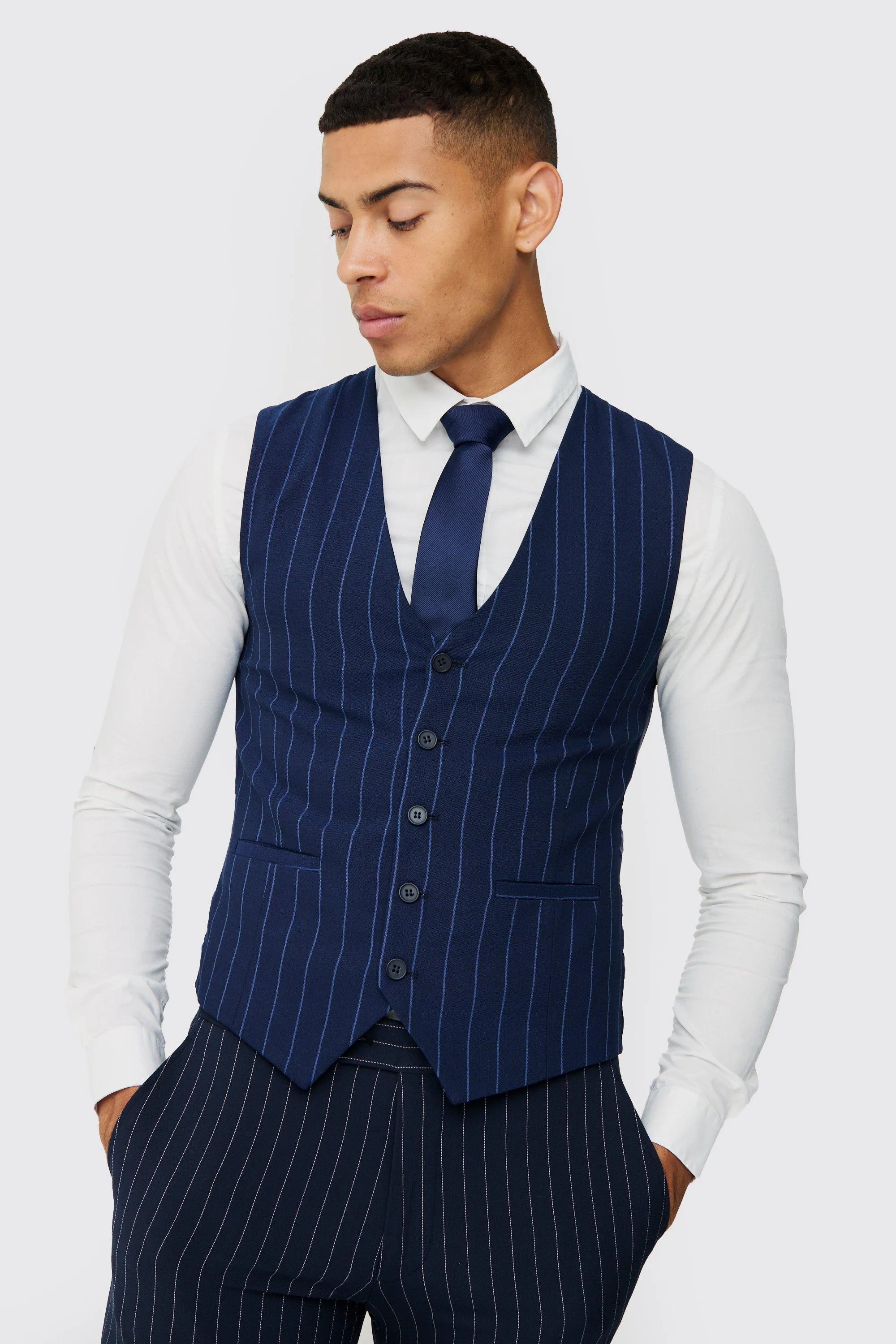 Skinny Navy Pinstripe Vest