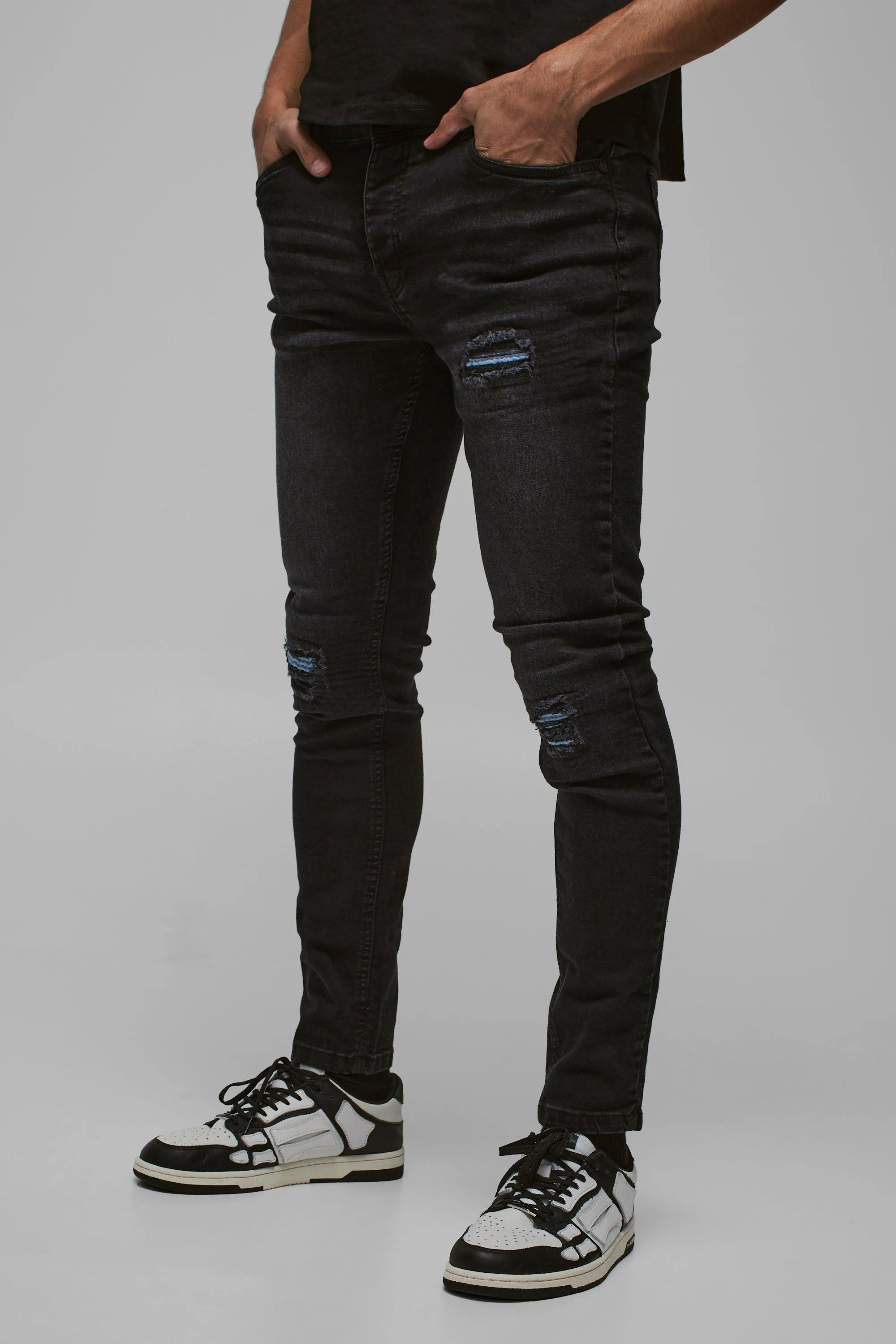 Skinny Stretch True Black Pu Biker Rip & Repair Jeans