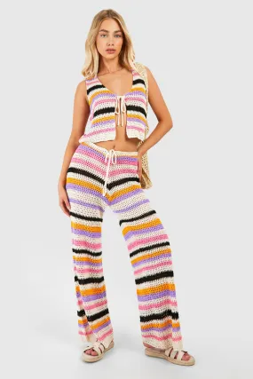 Stripe Crochet Vest And Wide Leg Pants Knitted Set