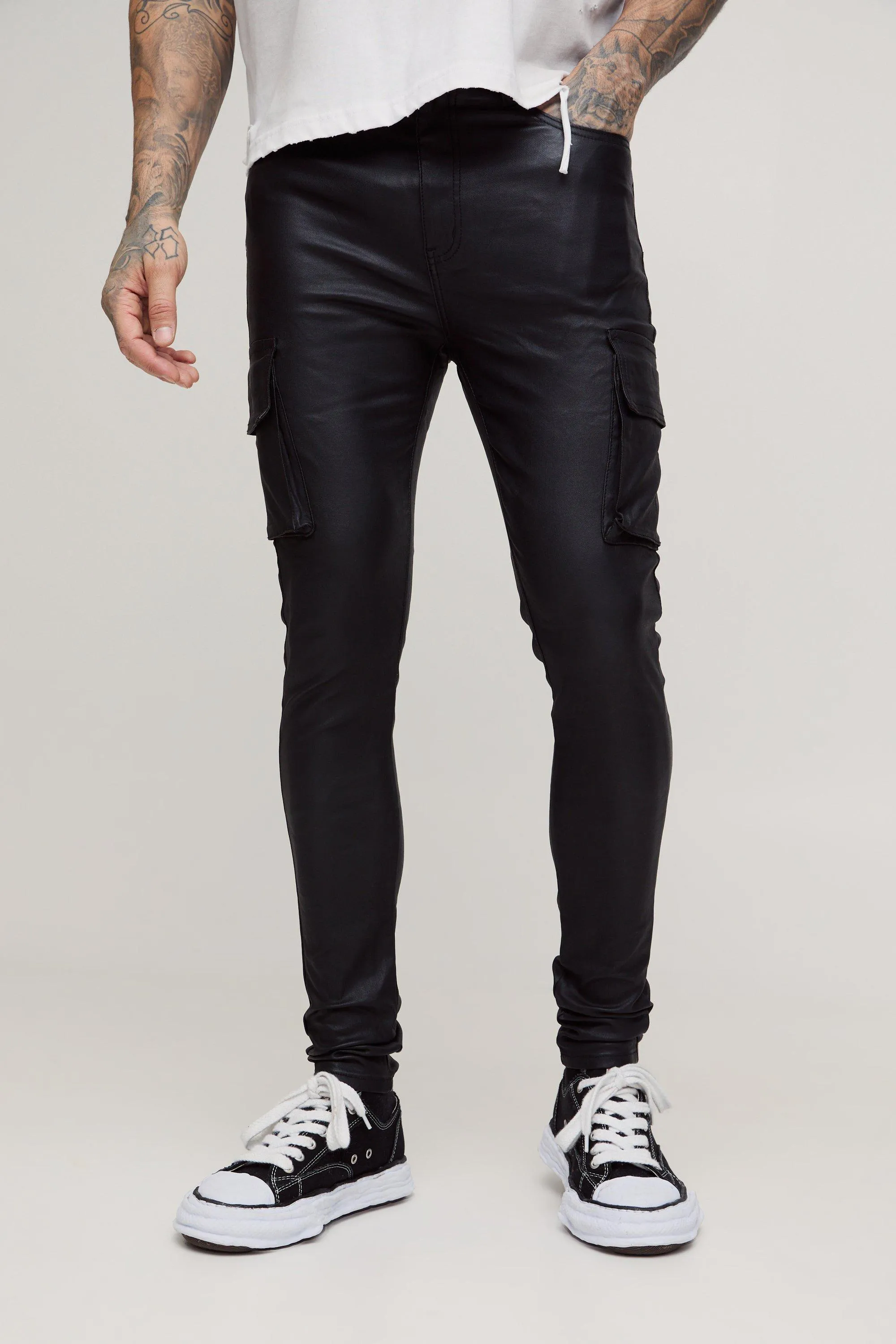 Tall PU Coated Super Skinny Cargo Jeans