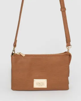 Tan Triple Pocket Crossbody Bag