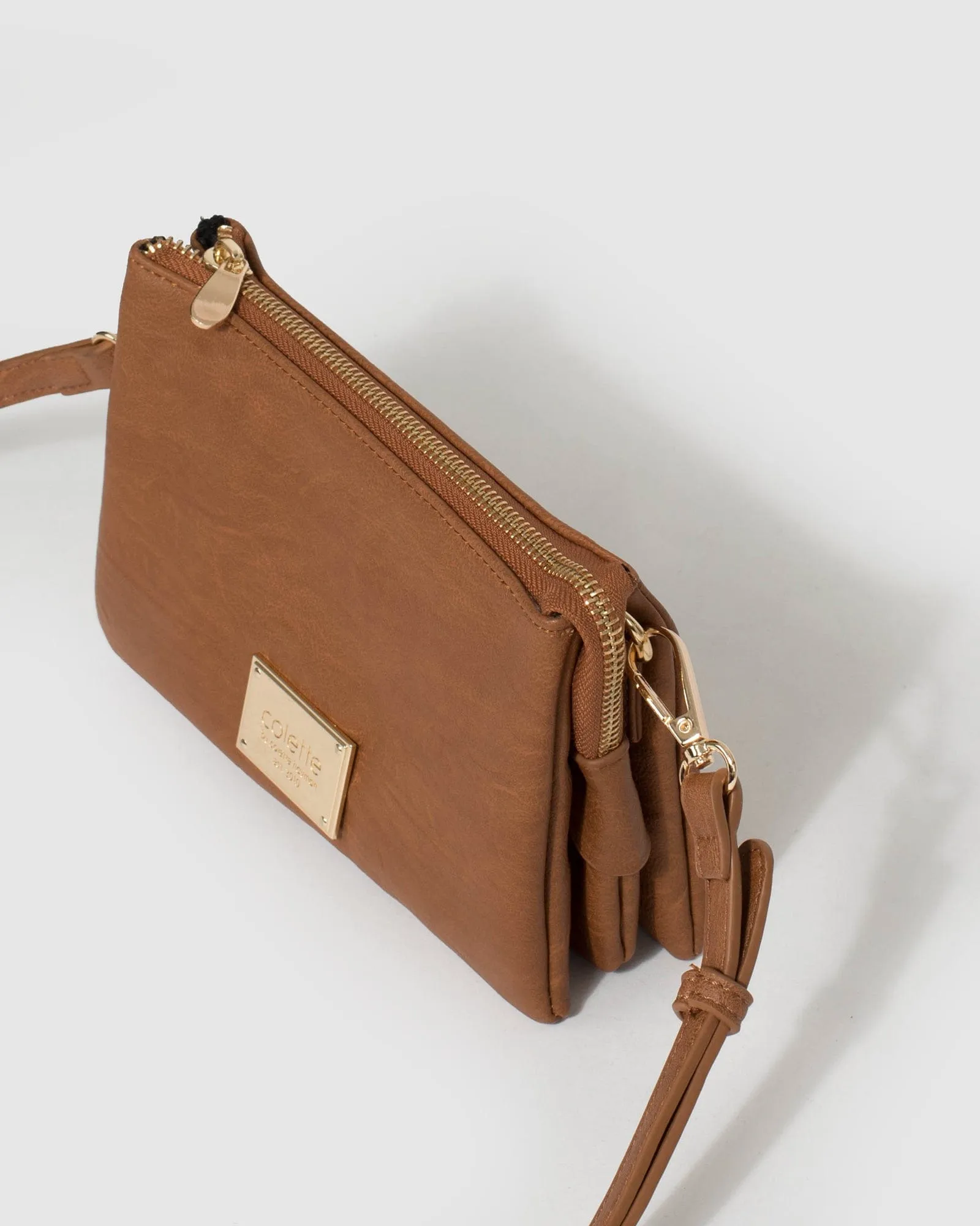 Tan Triple Pocket Crossbody Bag