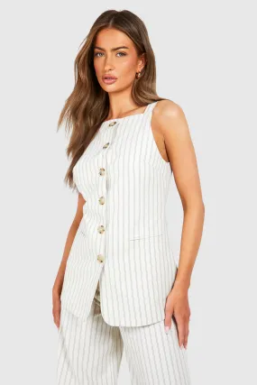 Textured Pinstripe Mock Horn Button Longline Vest