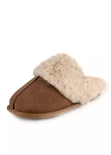 Totes Tan Real Suede Mules with Fur Cuffs | Grattan