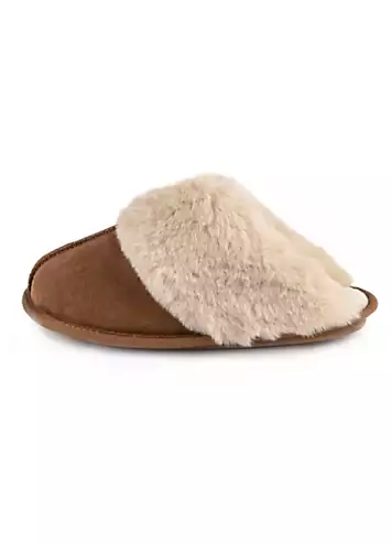 Totes Tan Real Suede Mules with Fur Cuffs | Grattan