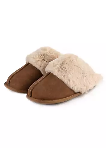 Totes Tan Real Suede Mules with Fur Cuffs | Grattan