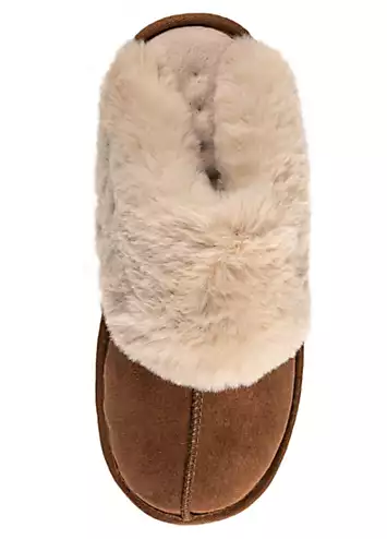 Totes Tan Real Suede Mules with Fur Cuffs | Grattan