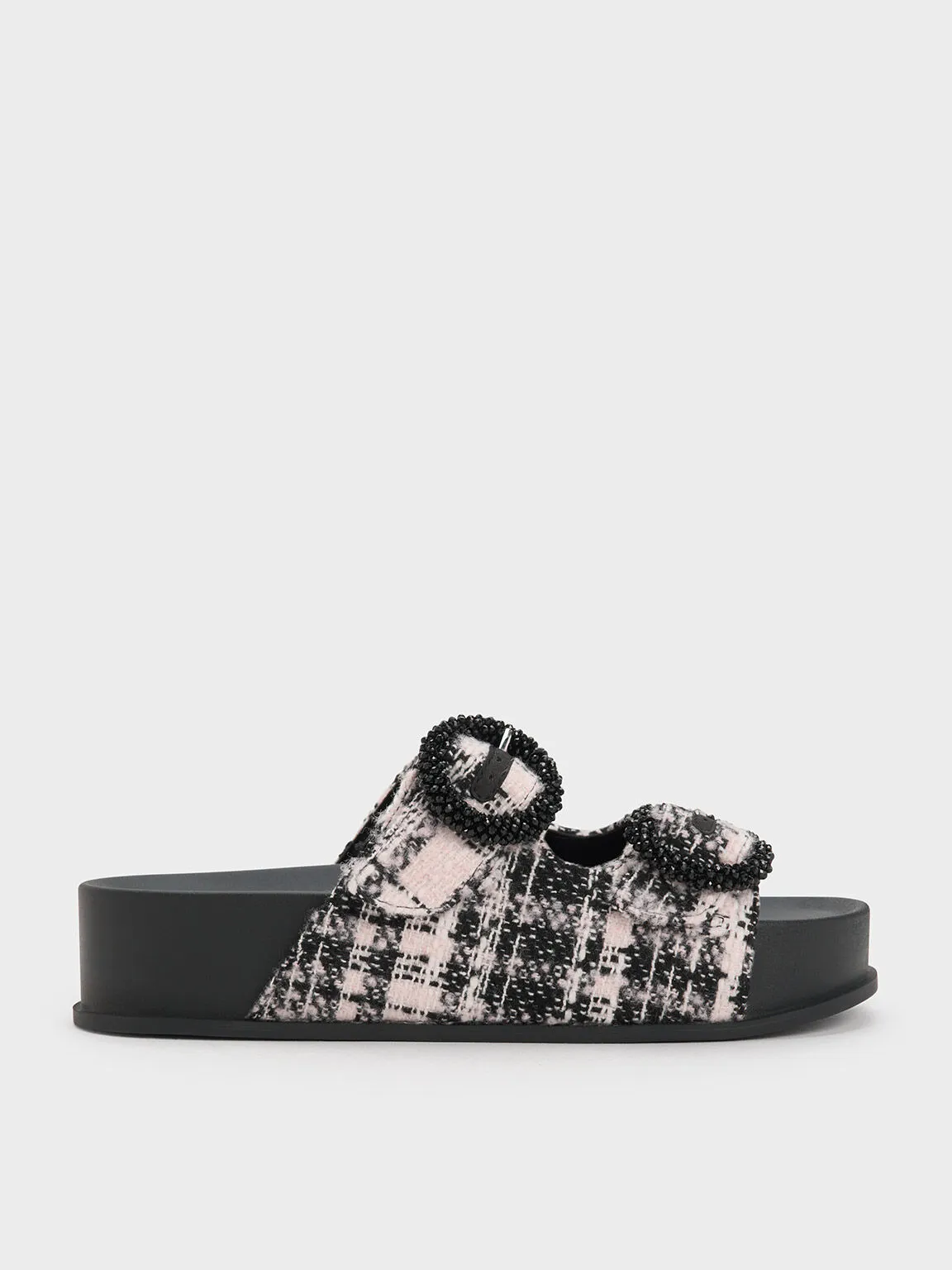 Tweed Beaded Circle Slide Sandals - Pink