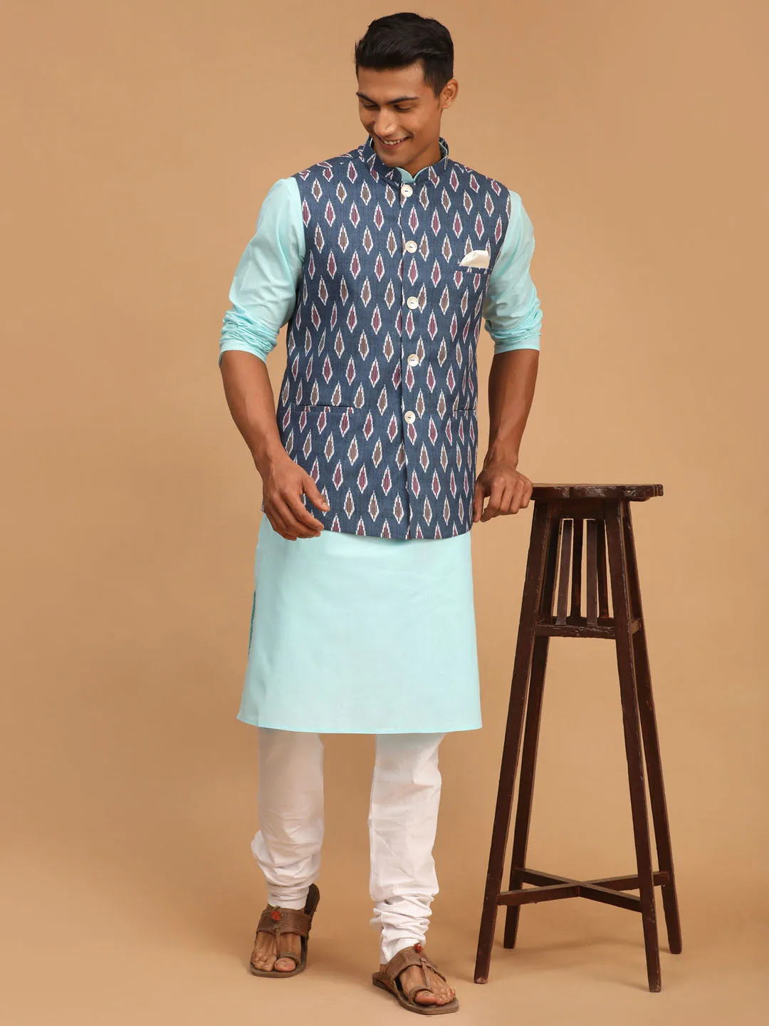 VASTRAMAY Men's Grey Printed Cotton Nehru Jacket With Aqua Kurta And White Pyjama Set