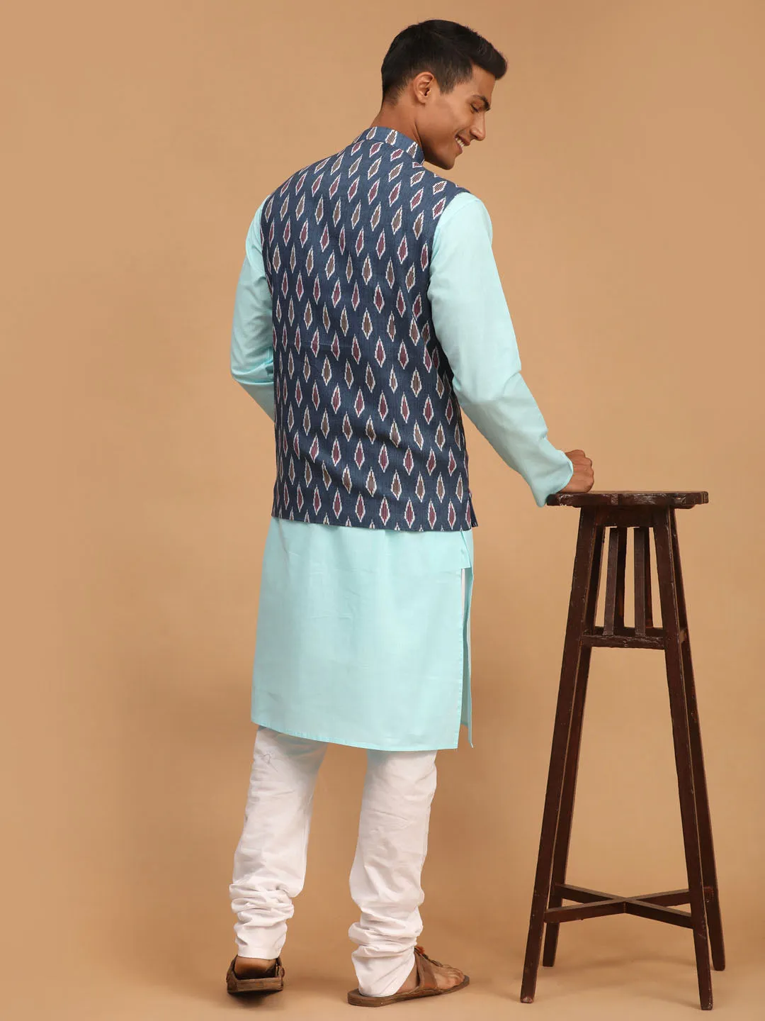 VASTRAMAY Men's Grey Printed Cotton Nehru Jacket With Aqua Kurta And White Pyjama Set