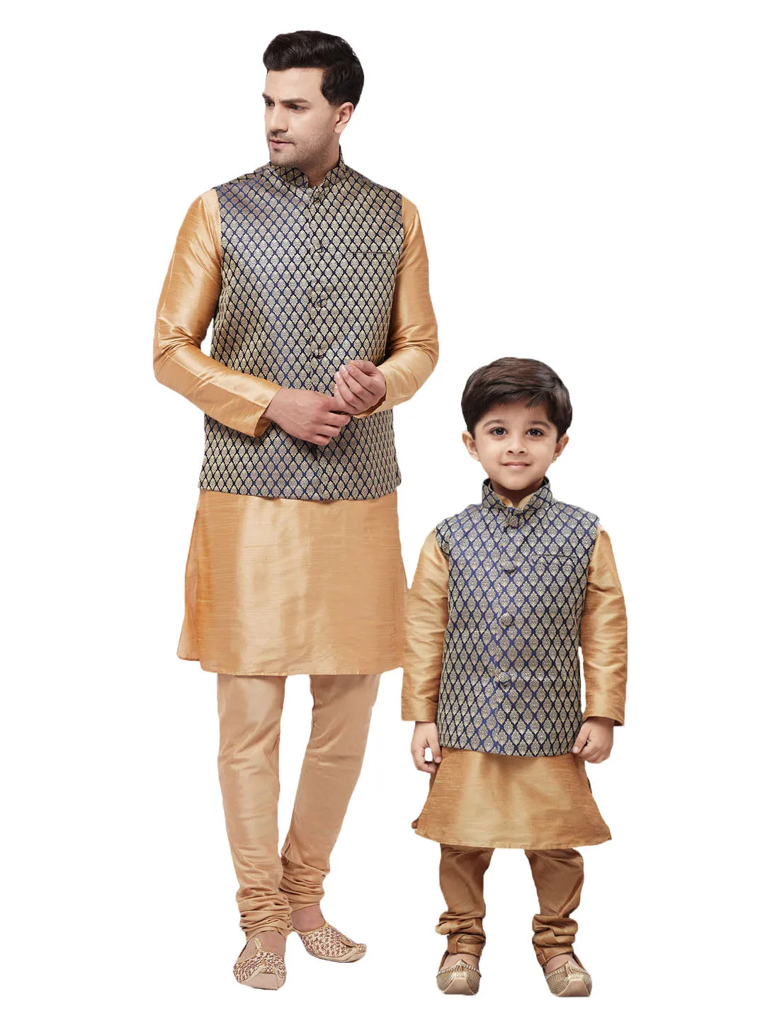 VASTRAMAY Silk Blend Blue and Gold Baap Beta Jacket Kurta Pyjama Set