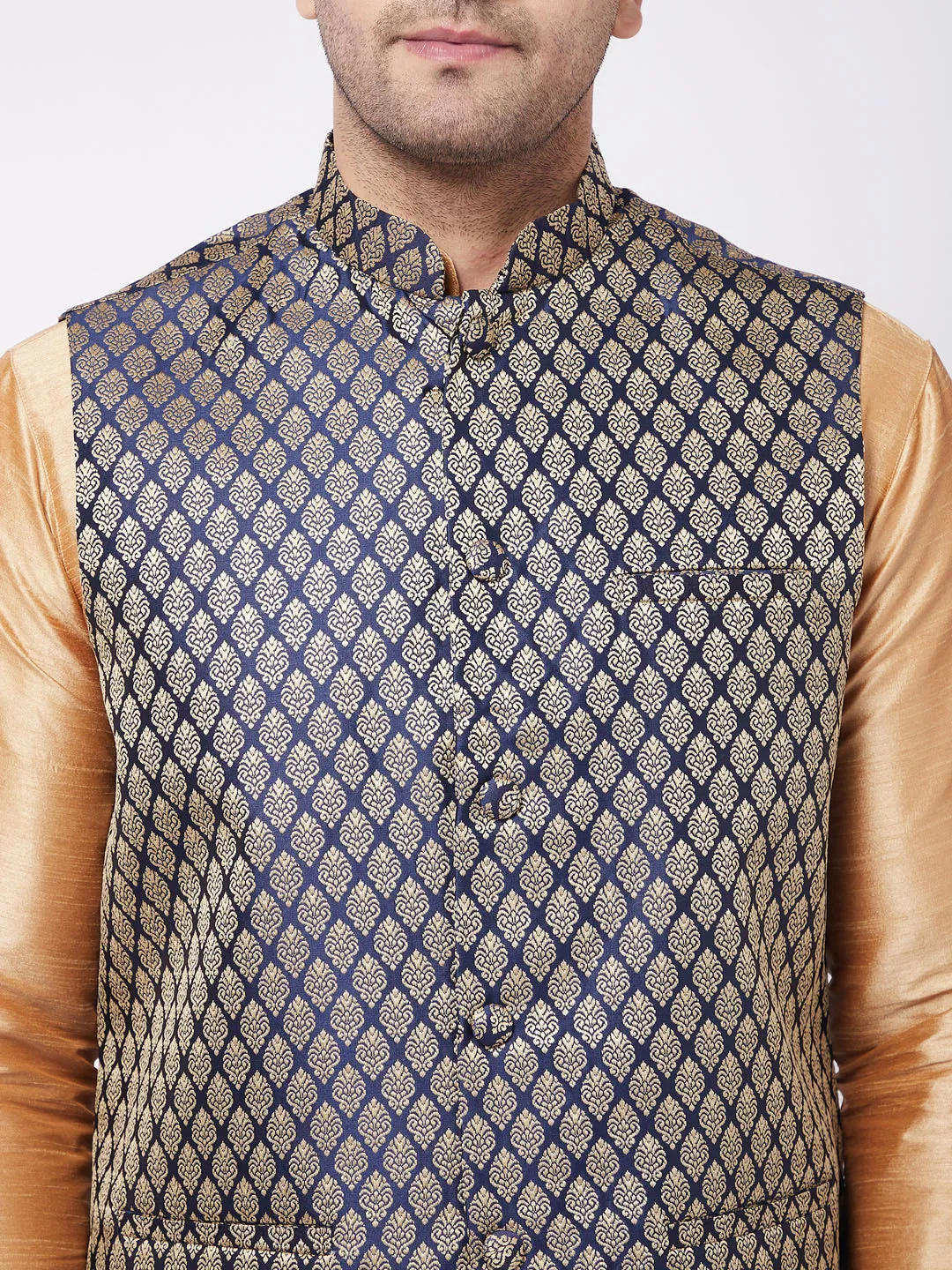 VASTRAMAY Silk Blend Blue and Gold Baap Beta Jacket Kurta Pyjama Set