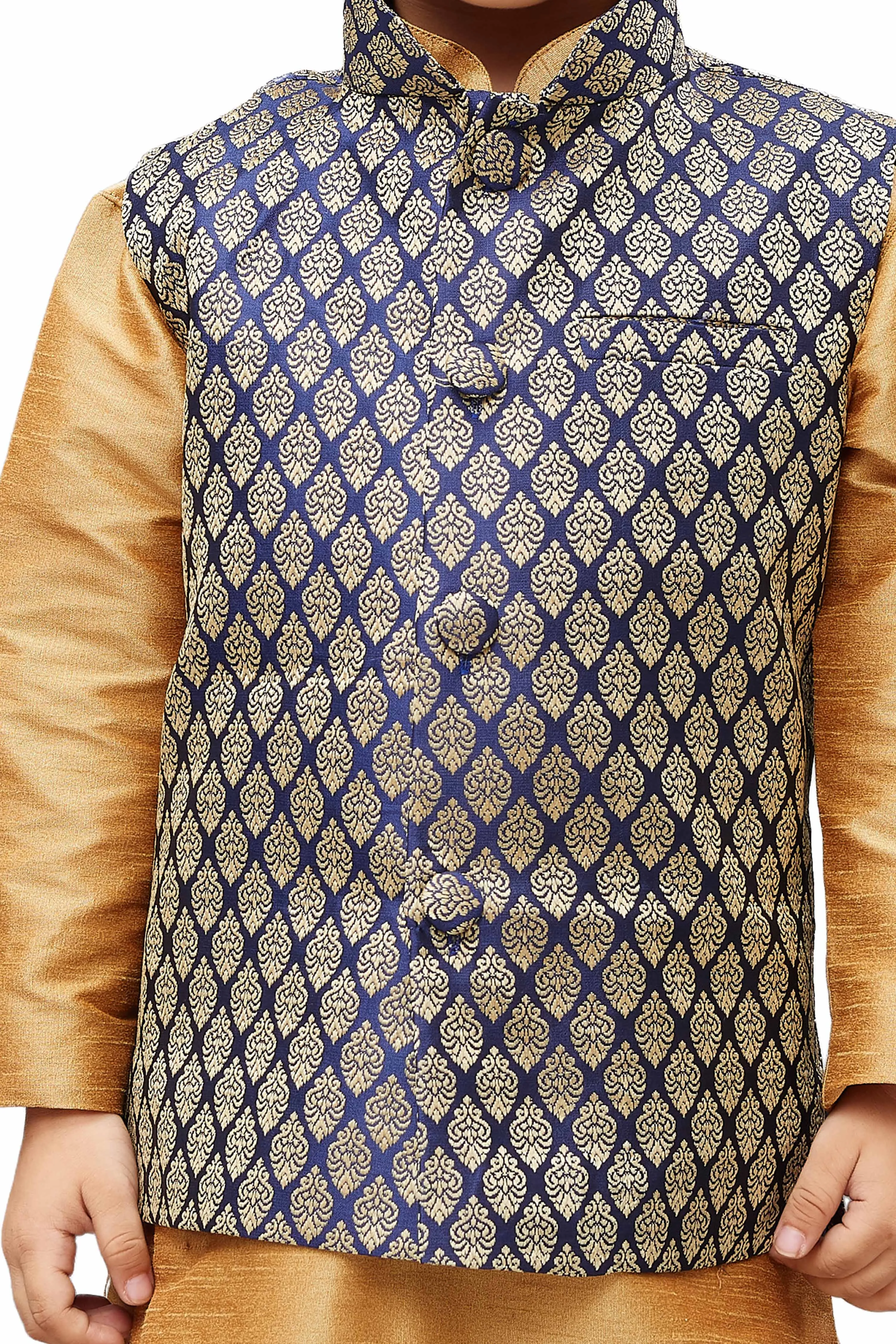 VASTRAMAY Silk Blend Blue and Gold Baap Beta Jacket Kurta Pyjama Set