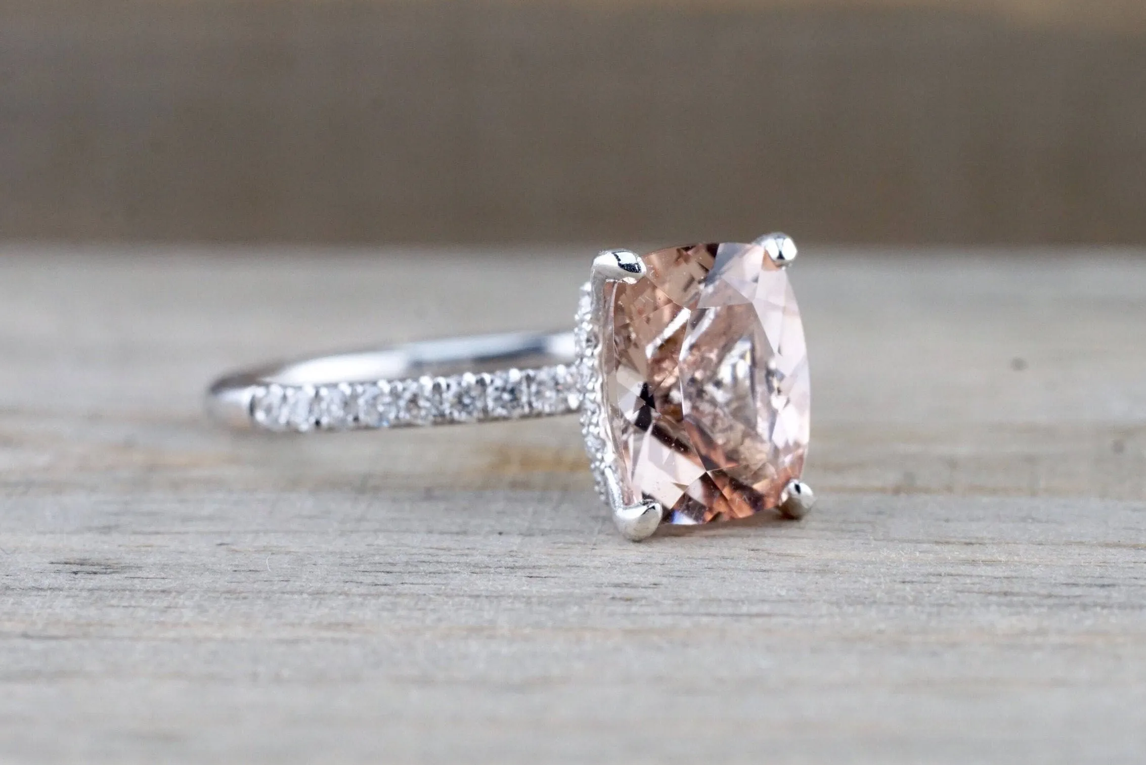 Victoria Elongated Cushion Morganite Hidden Under Halo Diamond Ring M3001