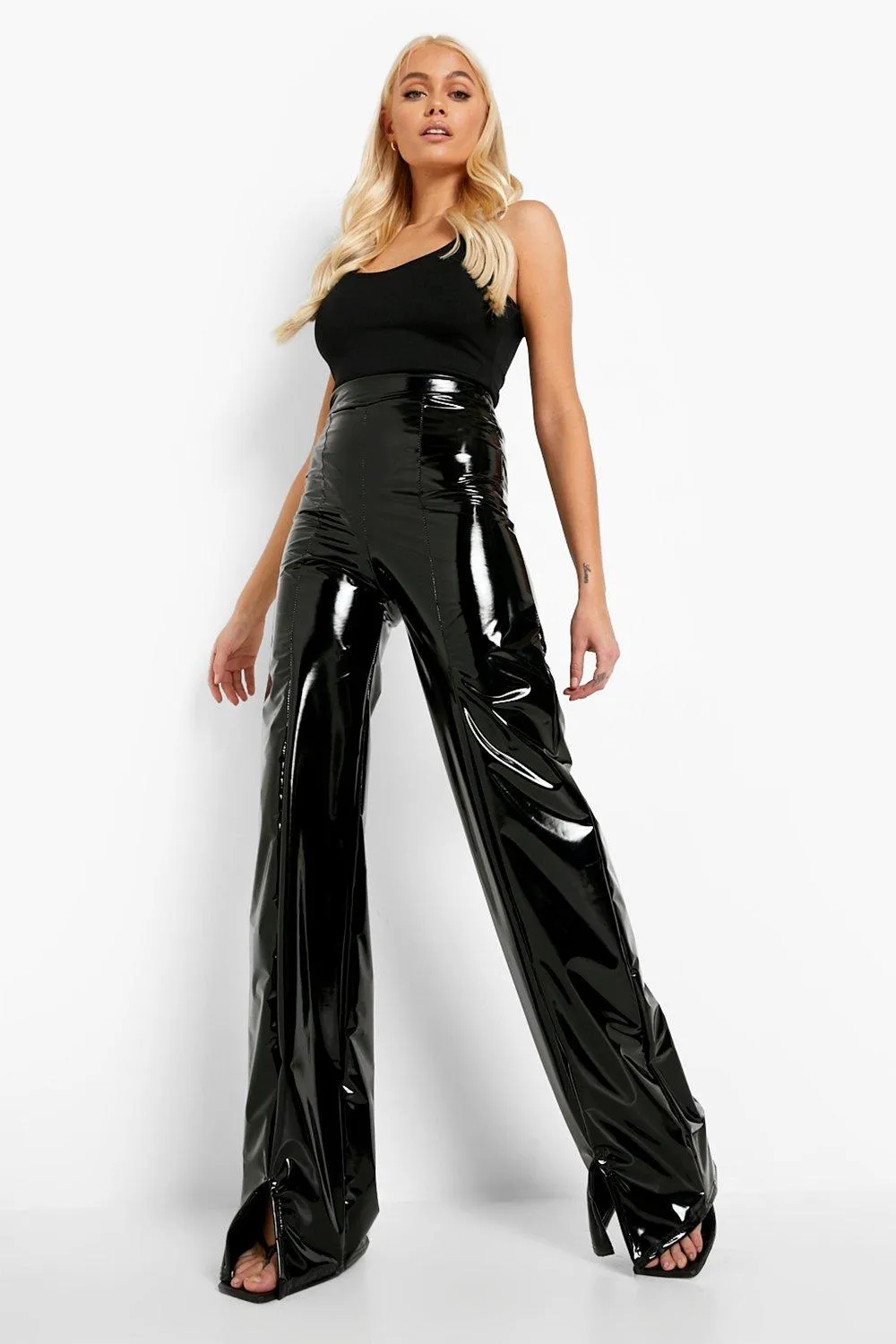 Vinyl Split Front Slim Leg Pants